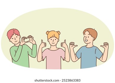 Smiling children showing different hand gestures. Happy kids demonstrate symbols and signs. Nonverbal communication and body language. Vector illustration.