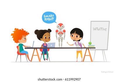 Smiling children sitting at laptops around smart robot standing on table in school classroom. Robotics and programming for kids concept. Vector illustration for website, advertisement, poster, banner.