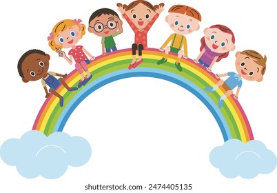 Niños sonrientes sentados en un gran arco iris