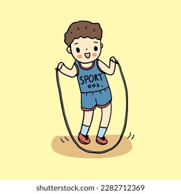 Smiling children skipping rope, flat vector illustration