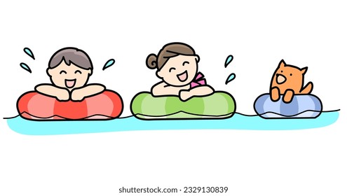 Smiling Children Swimming Friendly on Floats