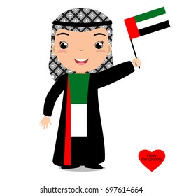 Smiling chilld, boy, holding a UAE flag isolated on white background. Vector cartoon mascot. Holiday illustration to the Day of the country, Independence Day, Flag Day.