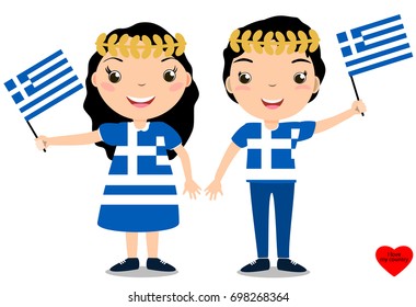 Smiling chilldren, boy and girl, holding a Greece flag isolated on white background. Vector cartoon mascot. Holiday illustration to the Day of the country, Independence Day, Flag Day. 