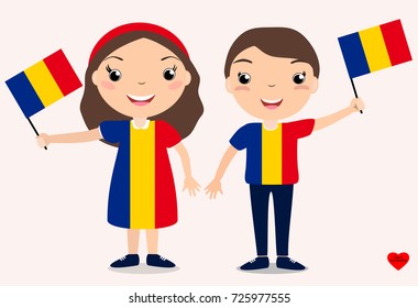 Smiling chilldren, boy and girl, holding a Romania flag isolated on white background. Vector cartoon mascot. Holiday illustration to the Day of the country, Independence Day, Flag Day. 