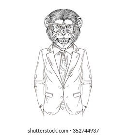 smiling chimpanzee dressed up in business suit, business monkey,  furry art illustration