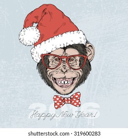 Smiling chimpanzee monkey in santa hat and glasses, hand drawn graphic, Merry Christmas and Happy New Year design