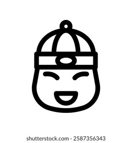 Smiling Chinese Character Icon, with Traditional Hat in Minimalist Line Art Style