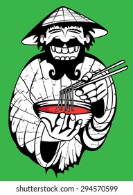 smiling chinese guy serving noodle soup vector illustration
