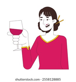 Smiling chinese woman with chopsticks hair bun toasting wineglass 2D cartoon character. Asian lady wine drink cheers isolated person flat vector on white background. Spot illustration colorful