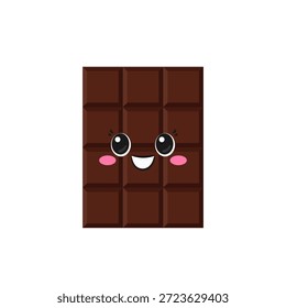 Sorrindo barra de chocolate, bonitinho e divertido personagem de desenho animado, sobremesa doce, olhos grandes, emoções alegria prazer, cara feliz, estilo kawaii, ícone vetor ilustração infantil.