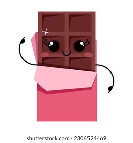 Smiling chocolate bar with pink wrapper in kawaii style