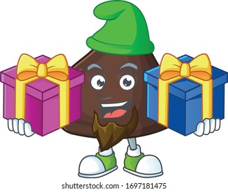 A smiling chocolate conitos cartoon design having Christmas gifts