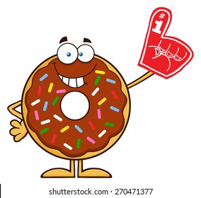 Smiling Chocolate Donut Cartoon Character With Sprinkles Wearing A Foam Finger. Vector Illustration Isolated On White