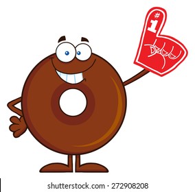 Smiling Chocolate Donut Cartoon Character Wearing A Foam Finger. Vector Illustration Isolated On White