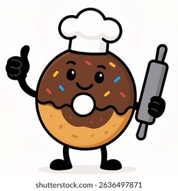Smiling chocolate donut character with colorful sprinkles, chef hat, and rolling pin. Ideal for sweet treat illustrations and bakery branding.
