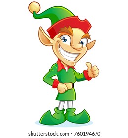 Smiling Christmas elf cartoon character showing thumbs up sign