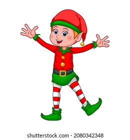 Smiling Christmas elf. Cartoon little gnome in costume and cap isolated on white background. Cute character Santa Claus helper elf. Happy New Year and Merry Christmas icon. Vector illustration.