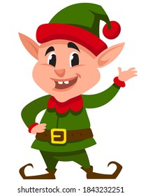 Smiling Christmas elf. Funny character in cartoon style.