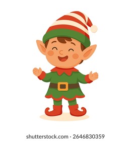  A smiling Christmas elf in a green and red outfit with a striped hat. This cheerful Christmas elf spreads joy during the holiday season.