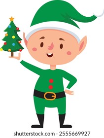 Smiling christmas elf wearing green clothes and hat, holding a decorated christmas tree with colorful ornaments, celebrating christmas time with joy and festive spirit