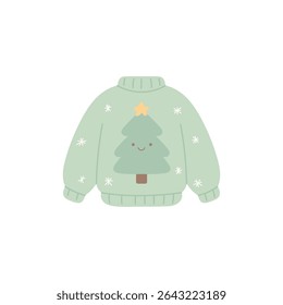 smiling christmas fir tree on soft pastel sweater with snowflake, vector illustration