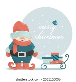 A smiling Christmas gnome carries gifts on a sleigh. A fabulous Scandinavian character in a cartoon style. Vector illustration.