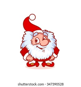 Smiling Christmas gnome in red costume. Funny cartoon character on a white background. Shaggy Santa's helper celebrating Christmas. With arms akimbo.