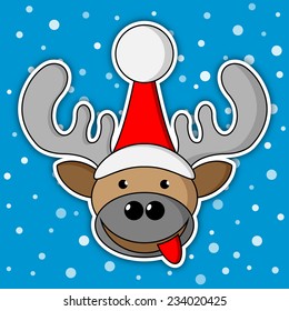 smiling christmas reindeer with a blue background with snow