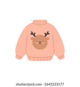 smiling Christmas reindeer character on soft peach sweater in vector style on white concept of childrens fashion, textile brand, seasonal merch