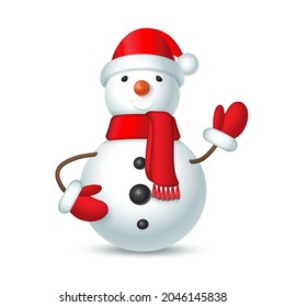 Smiling Christmas snowman in a red hat with a bubo and a scarf waving his hand in a mitten. Vector illustration on white background