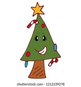 Smiling christmas tree isolated. Vector doodle illustration.