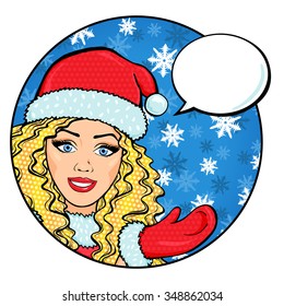 Smiling Christmas woman pop art comic character under the snow