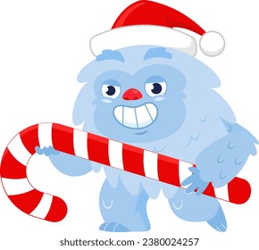 Smiling Christmas Yeti Bigfoot Cartoon Character Holding Big Candy Cane. Vector Illustration Flat Design Isolated On Transparent Background