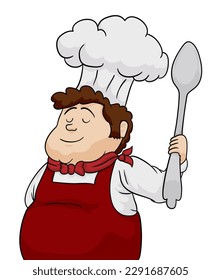 Smiling chubby chef with red apron and kerchief, tall cap, holding large spoon. Cartoon style design on white background.