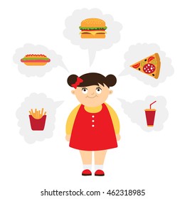 Smiling chubby kid dreaming of fast food. Overweight girl. Isolated cartoon character. Wish in clouds.