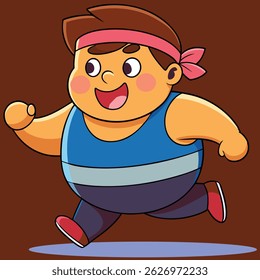 Smiling chubby man running in sportswear, cartoon vector style, active healthy lifestyle concept, isolated character.
