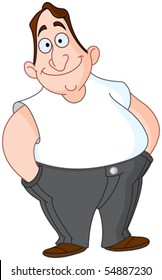 Smiling chubby man in a white shirt. His hands in his pocket