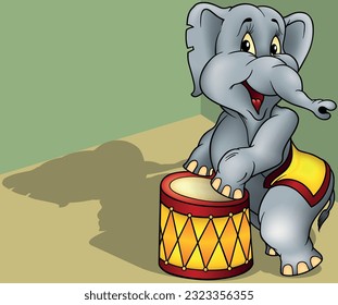 Un elefante circo sonriente parado con sus piernas delanteras en un barril de circo - Ilustración de dibujos animados de color con fondo, vector