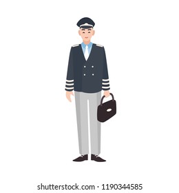 Smiling civilian aircraft pilot, aircrew captain, aviator or airman dressed in uniform. Cheerful male cartoon character isolated on white background. Colorful vector illustration in flat style.