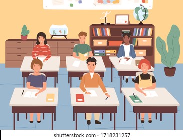 Smiling classmates listening lecture in geography room. Children sitting at desks in classroom. Pupils studying at primary school. Vector illustration in flat cartoon style