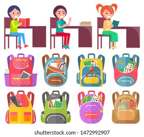 Smiling classmates sitting at desktop with notebook, backpack sticker on white. Girl and boy studying, pen and pencil in school bag, education sign vector. Back to school concept. Flat cartoon