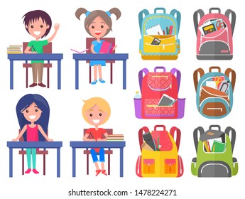 Smiling classmates sitting at desktop with notebook, backpack sticker on white. Girl and boy studying, pen and pencil in school bag, education sign vector. Back to school concept. Flat cartoon