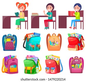 Smiling classmates sitting at desktop with notebook, backpack sticker on white. Girl and boy studying, pen and pencil in school bag, education sign vector. Back to school concept. Flat cartoon