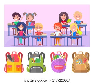 Smiling classmates sitting at desktop with notebook, backpack sticker on white. Girl and boy studying, pen and pencil in school bag, education sign vector. Back to school concept. Flat cartoon