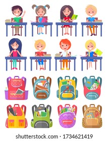 Smiling classmates sitting at desktop with notebook, backpack sticker on white. Girl and boy studying, pen and pencil in school bag, education sign vector. Back to school concept. Flat cartoon