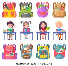 Smiling classmates sitting at desktop with notebook, backpack sticker on white. Girl and boy studying, pen and pencil in school bag, education sign vector. Back to school concept. Flat cartoon