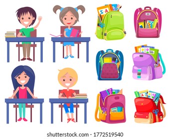 Lächelnde Klassenkameraden sitzen am Desktop mit Notebook, Rucksack-Aufkleber auf Weiß. Mädchen und Junge, die lernen, Stift und Bleistift in Schultasche, Bildzeichen Vektor. Zurück zum Schulkonzept. Flachkartoon
