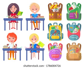 Smiling classmates sitting at desktop with notebook, backpack sticker on white. Girl and boy studying, pen and pencil in school bag, education sign vector. Back to school concept. Flat cartoon