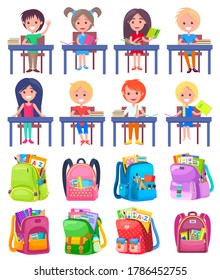 Smiling classmates sitting at desktop with notebook, backpack sticker on white. Girl and boy studying, pen and pencil in school bag, education sign vector. Back to school concept. Flat cartoon
