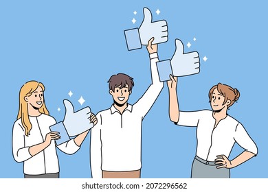 Smiling clients show likes give positive feedback to company. Happy customers recommend good quality product service. Consumerism, survey, marketing concept. Flat vector illustration. 